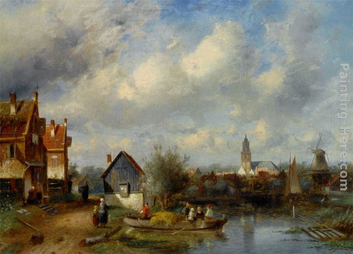 Figures on a Barge Near a Winterside Village painting - Charles Henri Joseph Leickert Figures on a Barge Near a Winterside Village art painting